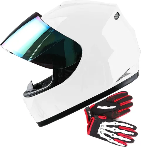 WOW Casco integral para motocicleta, bicicleta urbana BMX MX para niños, color blanco brillante + guante MX con diseño de esqueleto