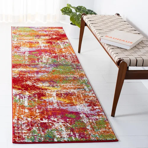 SAFAVIEH Watercolor Collection - Alfombra para pasillo, 2 pies 3 pulgadas x 8 pies, naranja y verde, diseño abstracto bohemio moderno, no desprende