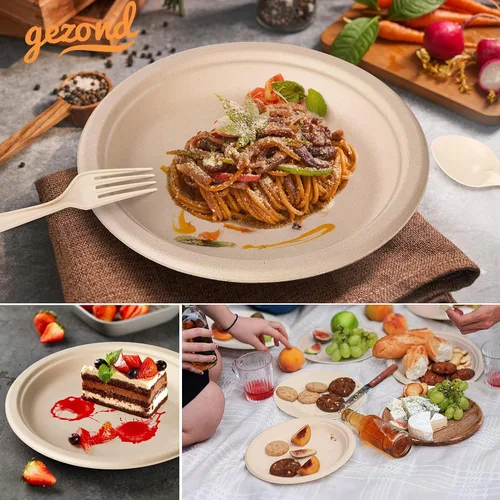 Miniatura 4 de Gezond Juego de 250 platos de papel desechables, utensilios compostables de caña de azúcar, juego de vajilla respetuoso con el medio ambiente, Juego