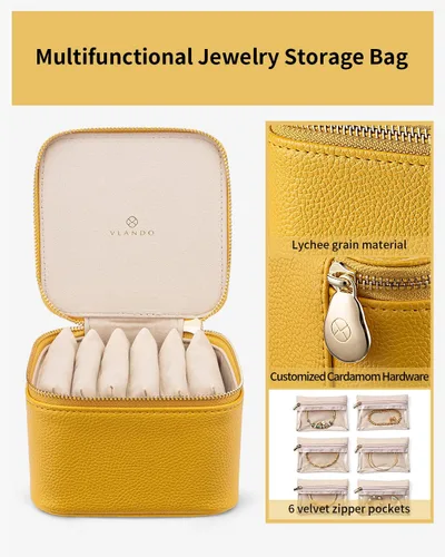 Miniatura 6 de Vlando Joyero de viaje, pequeña bolsa de joyería con 6 bolsillos de terciopelo con cremallera, organizador de joyería de piel sintética para mujeres