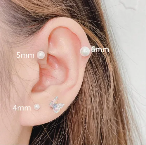 Miniatura 4 de Aretes de perlas con cierre de rosca, parte trasera plana, cartílago de perla, hélix, aretes de acero quirúrgico 316L, joyería de piercing
