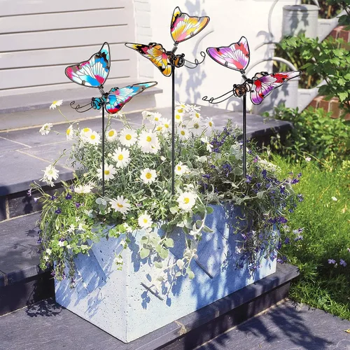 Miniatura 4 de Juegoal Juego de 3 estacas de jardín de mariposas, estacas de mariposas coloridas de 20 pulgadas, adornos artísticos de vidrio y metal para patio