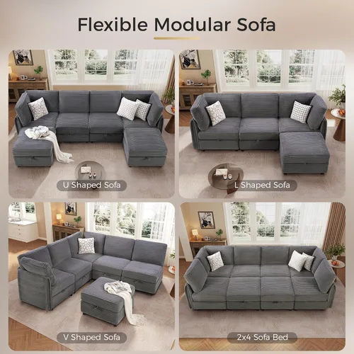 Miniatura 5 de KKL Sofá Seccional Modular en Forma de U de 6 Plazas con Otomana de Almacenamiento, Sofá Convertible en Forma de L de Pana de Felpa de Pana Ancha