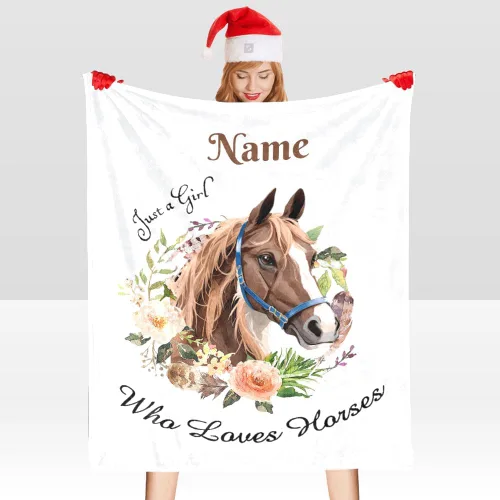 Miniatura 5 de Manta personalizada con texto en inglés «Just a Girl Who Loves Hors», manta de forro polar suave con nombre para regalos, sofá cama