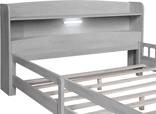 Miniatura 6 de VilroCaz Moderna plataforma de tamaño matrimonial con cabecera de almacenamiento y barandilla de seguridad para niños, plataforma de madera