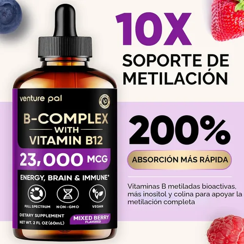 Miniatura 3 de Venture Pal Vitamina B Complex Liquid Drops, B12 Metilcobalamina B9 Fólico B1, B2, B3, B5, B6, B7 - Vitamina C, colina, inositol, metabolismo