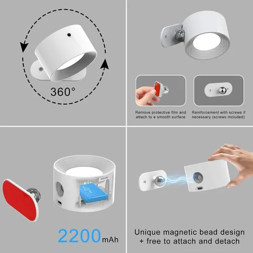 Miniatura 6 de Deyagoo 2PACK Lámpara de pared LED con control remoto - Lámpara de pared recargable, 3 colores y 3 niveles de brillo, cabezal giratorio magnético