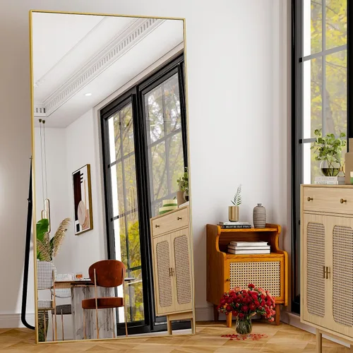 Miniatura 2 de GLSLAND Espejo de cuerpo completo de 64 x 21 pulgadas, espejo rectangular independiente, para colgar o inclinar, de aleación de aluminio, para Negro