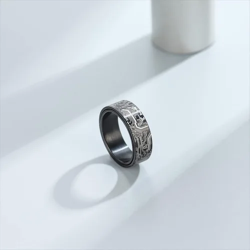 Miniatura 2 de Anillo de patrón de placa de circuito de computadora de 0.315 in negroplataazuloro - Spinner Fidget Alivio de la ansiedad Anillo de acero inoxidable