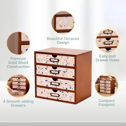 Miniatura 4 de Organizador de escritorio de madera con patrón de terrazo, almacenamiento de escritorio de 4 cajones, gabinete de madera moderno y rústico