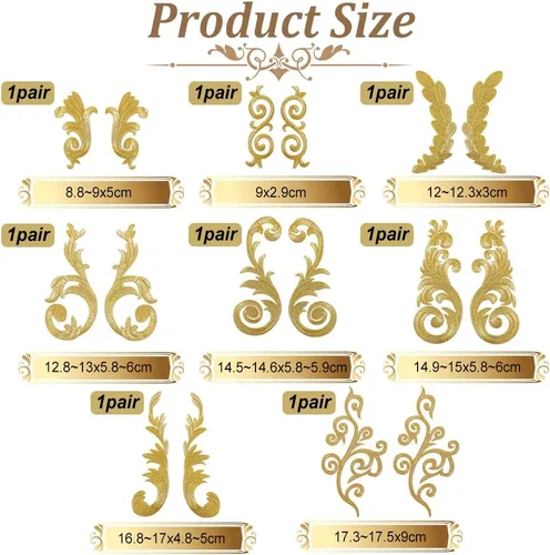 Miniatura 2 de AHANDMAKER 8 pares de apliques de bordado de flores de hoja, estilo étnico dorado, para coser con hierro en la corona de hojas, apliques bordados