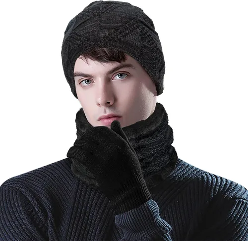 Miniatura 5 de Winter Beanie Hat Scarf Gloves Set 3 Pieces Mens Warm Knit Thick Slouchy Cap Neck Warmer Touchscreen Gloves Set