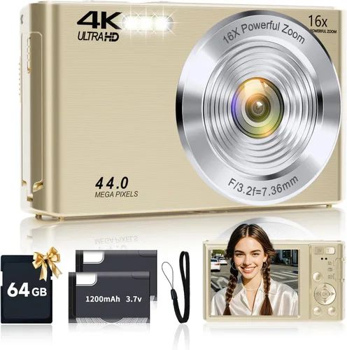 Cámara digital, cámara digital FHD 4K 44MP con enfoque automático con tarjeta SD de 64GB, zoom digital 16X, cámaras doradas para fotografía, cámara