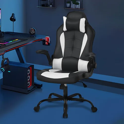 Miniatura 2 de Ruesleag Silla ergonómica para juegos de PC, silla de oficina con soporte lumbar, reposabrazos abatibles, reposacabezas de piel sintética, silla