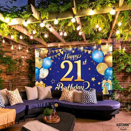 Miniatura 5 de KatchOn, Cartel de feliz cumpleaños número 21 azul y dorado – XL, 72 x 44 pulgadas Cartel azul y dorado para decoraciones de cumpleaños 21