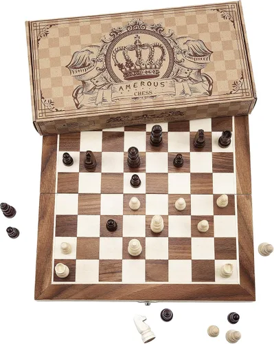 Miniatura 2 de AMEROUS Juego de ajedrez magnético de madera de 12 x 12 pulgadas para niños y 6 años en adelante, 2 reinas adicionales, tablero plegable con ranuras