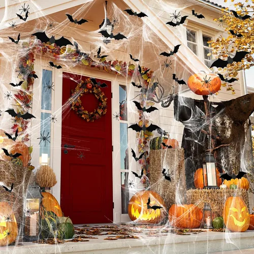 Miniatura 4 de Famoby 1200 pies cuadrados de telarañas de Halloween y 120 murciélagos falsos y 50 arañas falsas, telarañas superelásticas para decorar fiestas