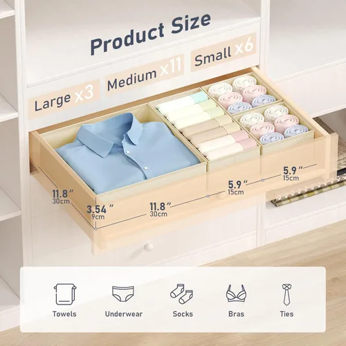 Miniatura 2 de DIMJ Organizador de cajones de ropa – Paquete de 20 contenedores organizadores de cajones de armario para almacenamiento de ropa de bebé, Beige