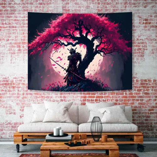 Miniatura 2 de Ine Ive GTDWIE0297 - Tapiz samurái japonés para estética de dormitorio, luna llena, árbol de cerezo, 40 x 30 pulgadas, arte japonés para dormitorio