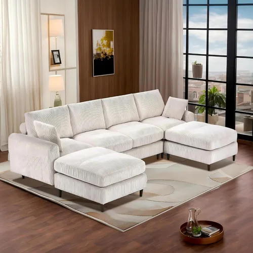 Miniatura 12 de Anwick Sofá modular en forma de L de 117 pulgadas, moderno sofá modular de pana con otomana movible de 5 asientos, sofás seccionales convertibles