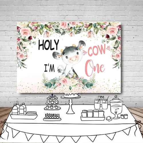 Miniatura 4 de MEHOFOND Telón de fondo de vaca sagrada con texto en inglés «Holy Cow I'm One» de 8 x 6 pies con diseño floral rosa de vaca niña feliz 1er