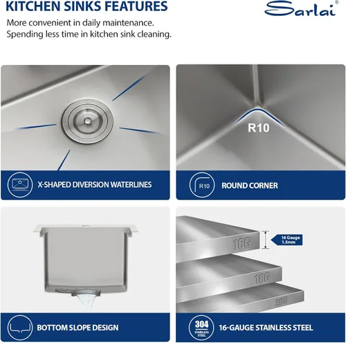 Miniatura 5 de Sarlai 15 Fregadero de Barra de 15x15 Pulgadas para Cocina, Fregadero de Barra de Acero Inoxidable de Calibre 16, Estación de Trabajo con Repisa