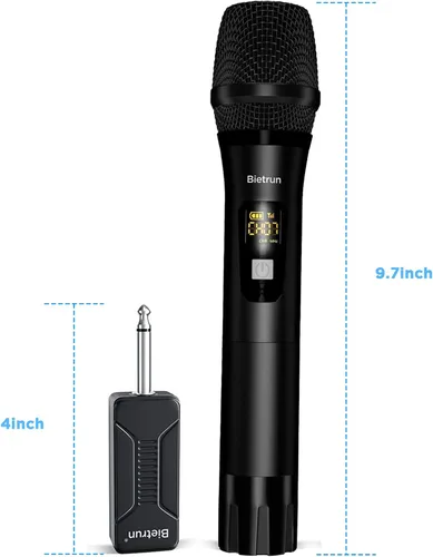 Miniatura 7 de Bietrun - Micrófono inalámbrico, micrófono dinámico con receptor recargable, conexión automática, diseño de todo metal, rango de 160 pies, micrófono