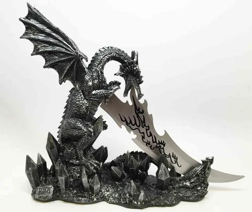 Miniatura 4 de Ebros Medieval Dreamwork Fantasía Dragón Fuego Aliento Daga Abrecartas Cuchillo con soporte de base, estatua de decoración de oficina en casa Figura