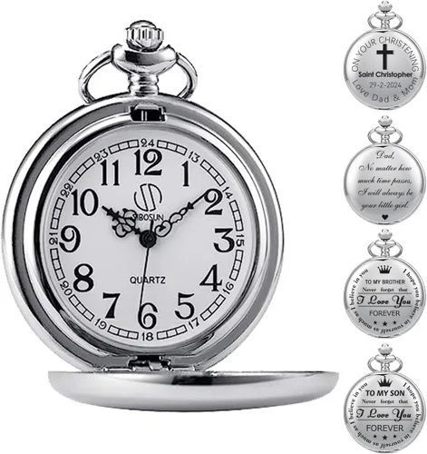 SIBOSUN Relojes de bolsillo grabados para hombres, regalos personalizados, reloj de bolsillo de cuarzo con esfera colorida y cadena, regalos de