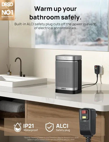 Miniatura 2 de DREO Calentador de espacio para baño e interior, calentador portátil, calentador de cerámica PTC, seguro y silencioso de 1500 W, termostato digital