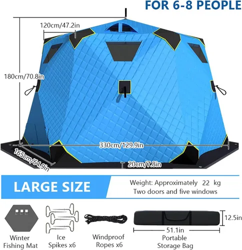 Miniatura 2 de Refugio portátil de pesca en hielo para 3 a 8 personas, tienda de campaña de pesca en hielo con aislamiento hexagonal con bolsa de transporte
