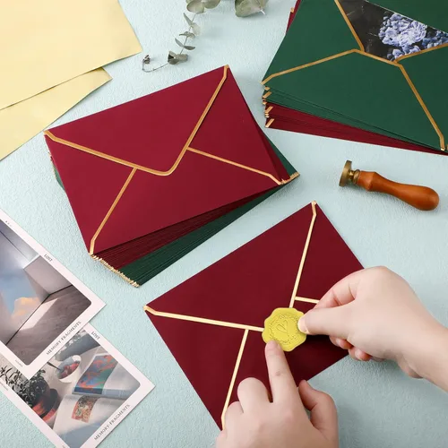 Miniatura 4 de 50 piezas de sobres A7 5 x 7 sobres para tarjetas con solapa en V y borde dorado para tarjetas de invitación de boda, graduación, baby shower, Verde