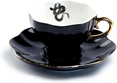 Miniatura 4 de Taza de té y platillo de oro negro con ribete dorado Raven gato negro serpiente araña Halloween (taza de té y platillo de gato negro)