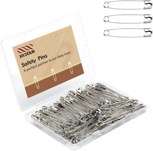 XKDOUS Alfileres de seguridad grandes de 2.2 pulgadas, 200 piezas, alfileres plateados a granel resistentes para ropa, costura, manualidades