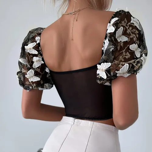 Miniatura 5 de Camiseta de manga abombada bordada floral para mujer, ajustada, corsé corto, sexy, bustier