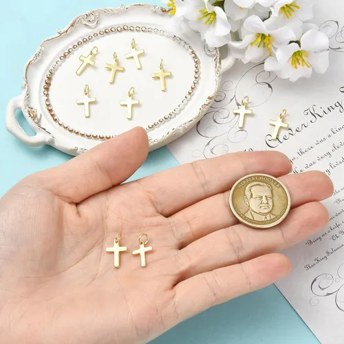 Miniatura 3 de Airssory 10 dijes de cruz diminutas de 0.492 x 0.354 in, latón chapado en oro, de metal, delicados, minimalistas, simples colgantes para fe