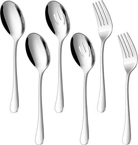 Herogo Juego de 6 utensilios de acero inoxidable para servir, incluye cucharas, cucharas ranuradas, tenedores, juego de anfitriona de metal para