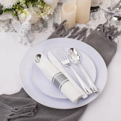 Miniatura 9 de Supernal Paquete de 120 cubiertos de plástico plateado, cubiertos de plástico enrollado, servilletas preenrolladas con juego de cubiertos, juego