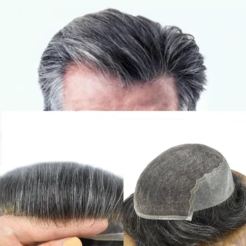 Miniatura 25 de Toupee para hombres, sistema de reemplazo de cabello humano Remy, nudos blanqueados, encaje frontal, piel fina, para hombre, color gris, pelucas