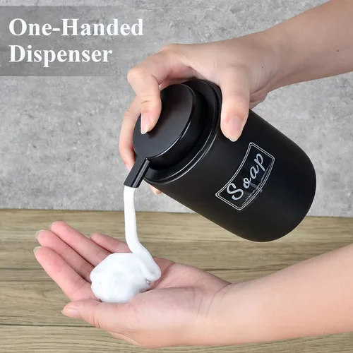 Miniatura 5 de BosilunLife Juego de dispensador de jabón espumoso, dispensador de mano de espuma de cerámica negra, juego de dispensador de jabón de 12 onzas
