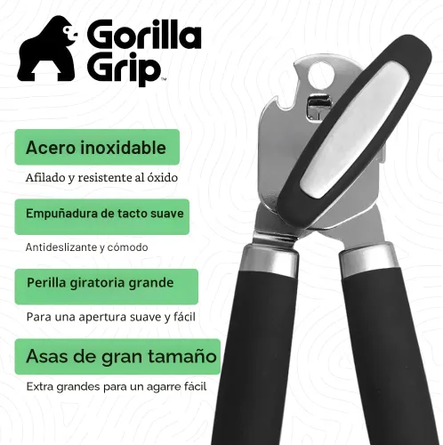 Miniatura 2 de Abridor de latas manual de acero inoxidable resistente de borde suave GORILLA GRIP, mango suave y cómodo, perilla giratoria grande de mano, Negro