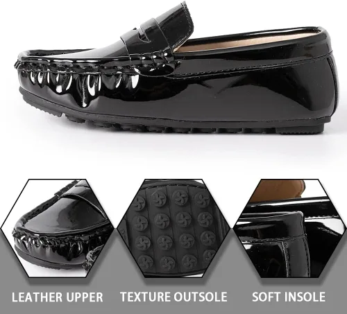 Miniatura 3 de Mocasines de cuero sin cordones para niños y niñas, con textura, planos, vestido de barco, mocasín, escuela, zapatos para caminar diariamente