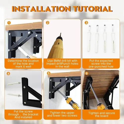 Miniatura 4 de Soportes plegables para estantes de 8 pulgadas, estante de metal resistente, soporte plegable montado en la pared para ahorrar espacio, mesa