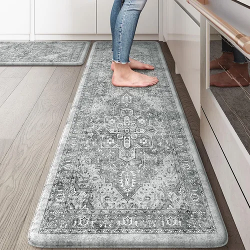 Miniatura 40 de KIMODE Alfombra de Cocina Antifatiga 2 Piezas, Alfombras de Cocina Antideslizantes e Impermeables, Alfombra de Cocina de Estilo Rústico en Gris