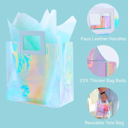 Miniatura 4 de Bolsa de regalo pequeña holográfica de 8.3 pulgadas con papel de seda, reutilizable, bolsa de regalo de cumpleaños para niñas y mujeres, S