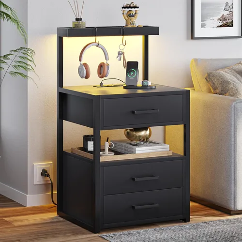 Miniatura 6 de VIAGDO Mesita de noche LED con estación de carga, 3 cajones con luces LED, mesitas de noche negras con estantes de almacenamiento, mesas auxiliares