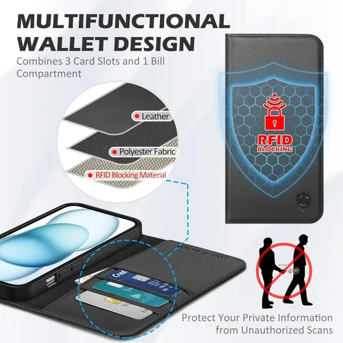 Miniatura 4 de SHIELDON Funda para iPhone 15 6.1" 2023, Funda Tipo Cartera de Cuero Genuino con [Soporte] [Tarjetero con Bloqueo RFID] [Magnética] Cubierta