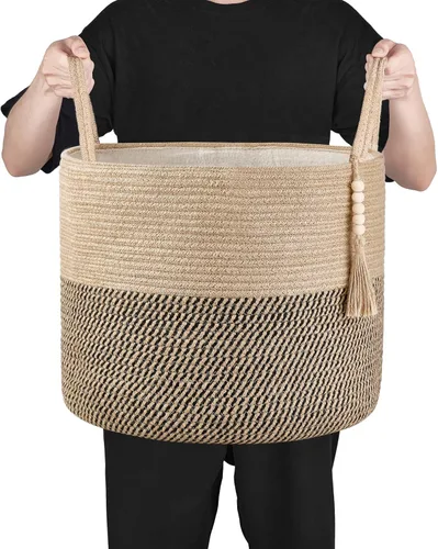 Miniatura 6 de Mkono - Canasta de almacenamiento tejida, canasta decorativa de cuerda con cuentas de madera para mantas, juguetes, ropa, zapatos, organizador