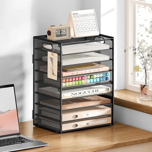 Miniatura 5 de SUBEKYU Organizador de papel de 9 niveles para escritorio, bandeja de cartas de malla de metal negro, organizador clasificador de papel de archivo
