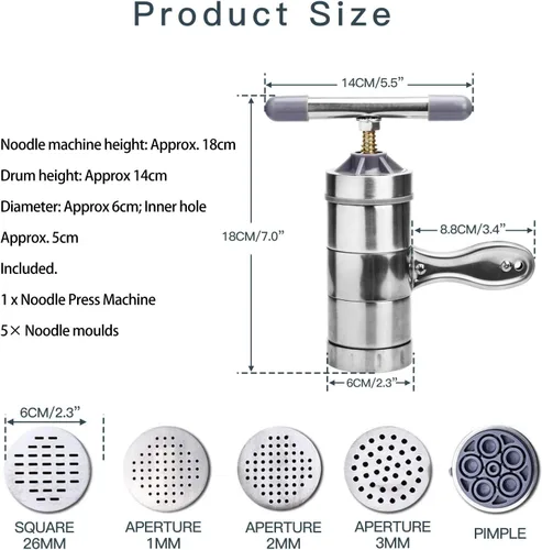 Miniatura 3 de Prensa manual de fideos de acero inoxidable, manivela de mano, máquina de prensa de masa de fettuccine para fideos, máquina de pasta con 5 moldes